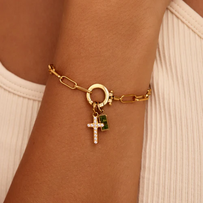 PAPERCLIP BIRTHSTONE CROSS CHARM BRACELET