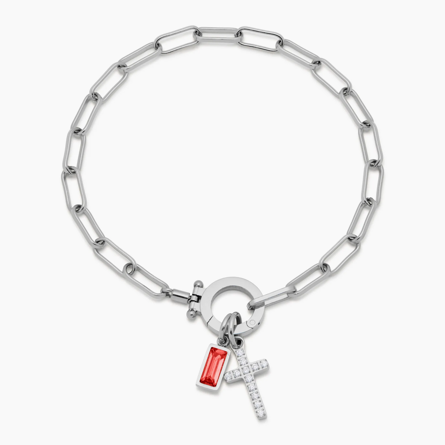 PAPERCLIP BIRTHSTONE CROSS CHARM BRACELET